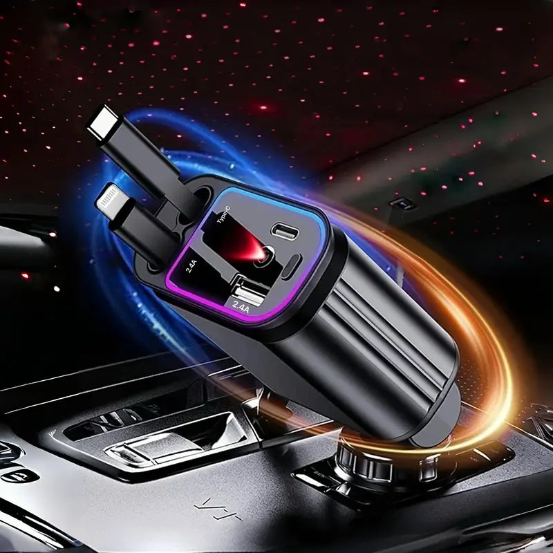 Smart Retractable Car Charger – Dual Cables & Voltage Display 180° Rotating Base