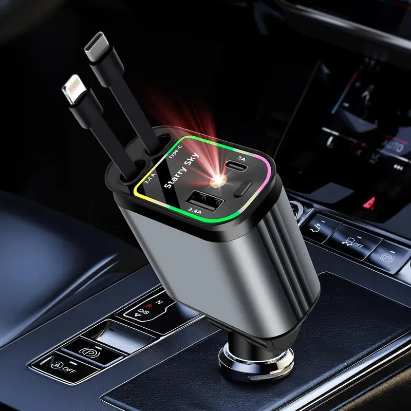 Smart Retractable Car Charger – Dual Cables & Voltage Display 180° Rotating Base