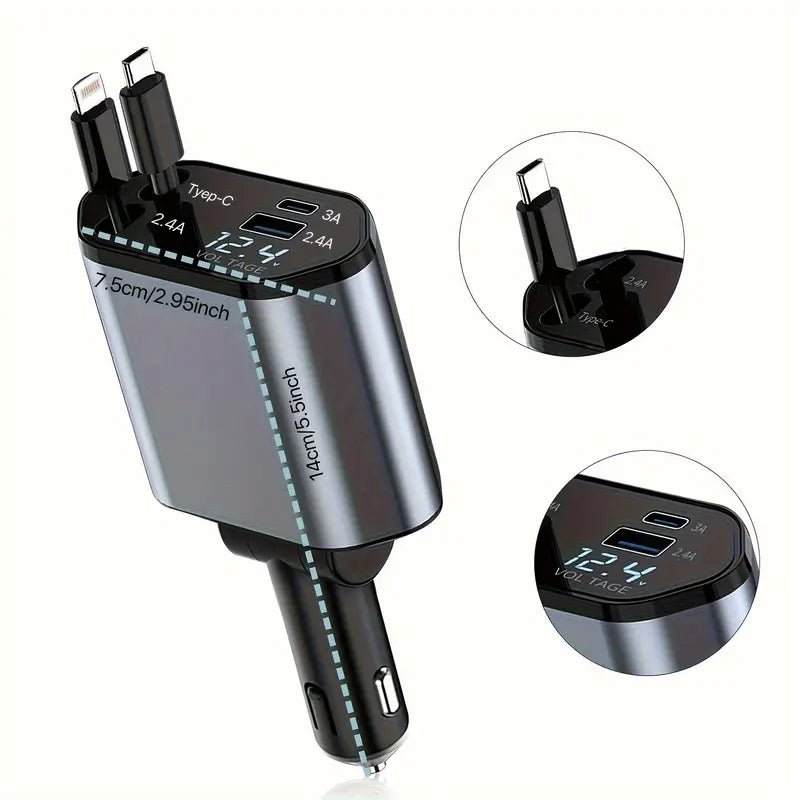 Smart Retractable Car Charger – Dual Cables & Voltage Display 180° Rotating Base