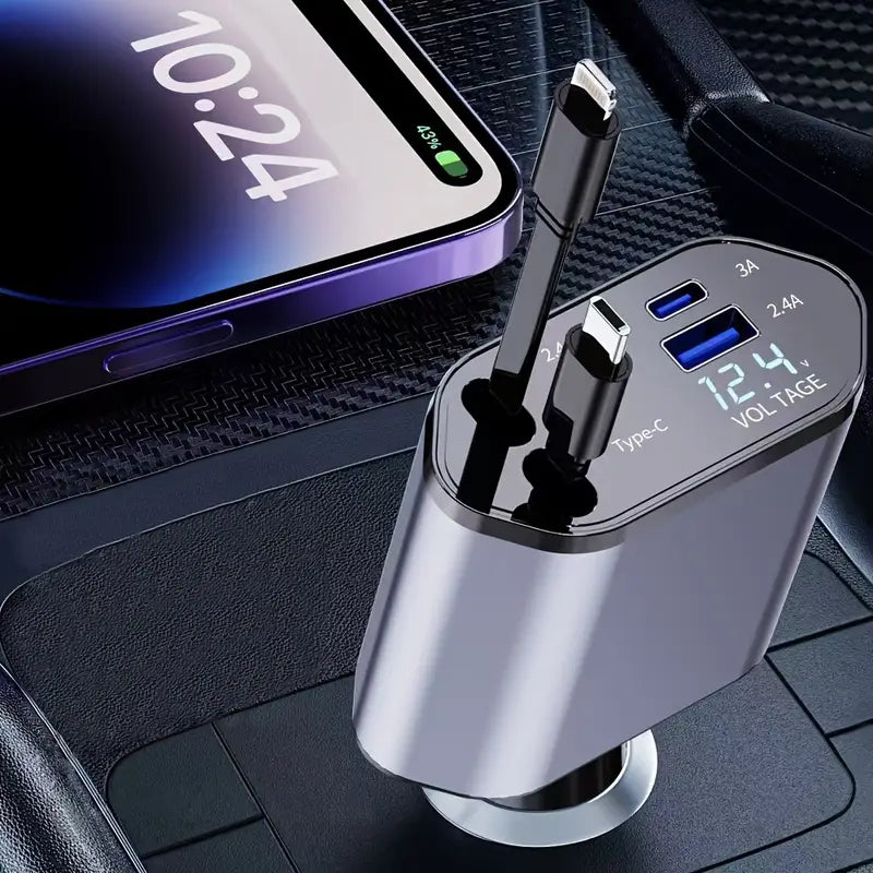 Smart Retractable Car Charger – Dual Cables & Voltage Display 180° Rotating Base