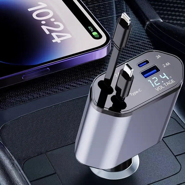 Smart Retractable Car Charger – Dual Cables & Voltage Display 180° Rotating Base
