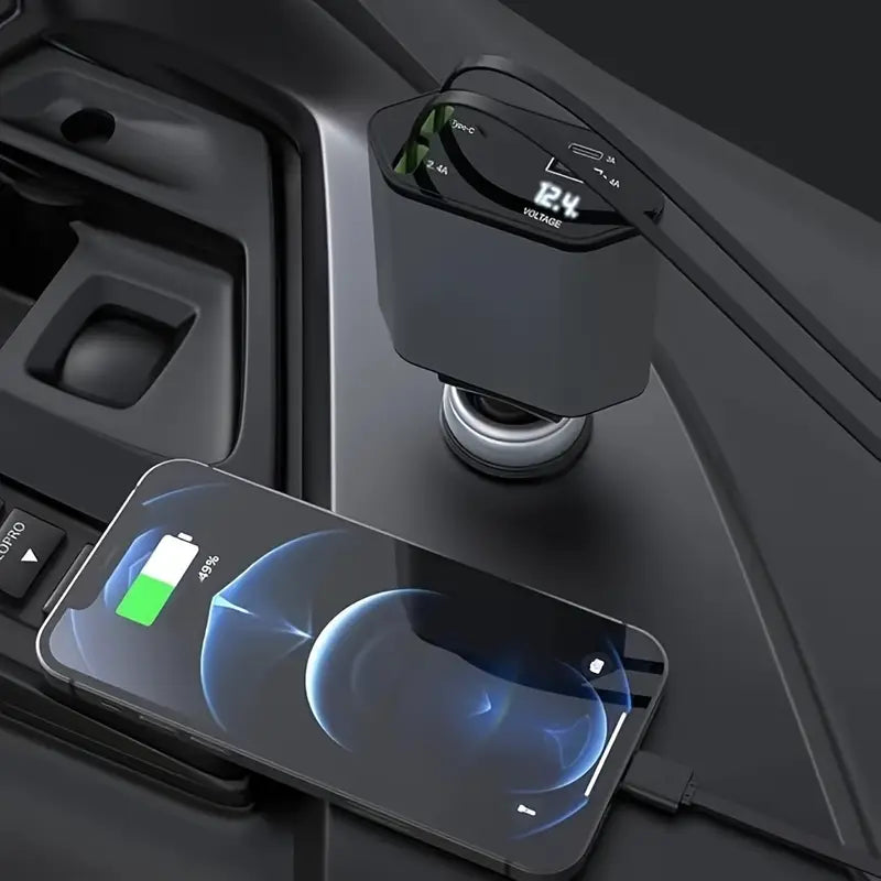 Smart Retractable Car Charger – Dual Cables & Voltage Display 180° Rotating Base