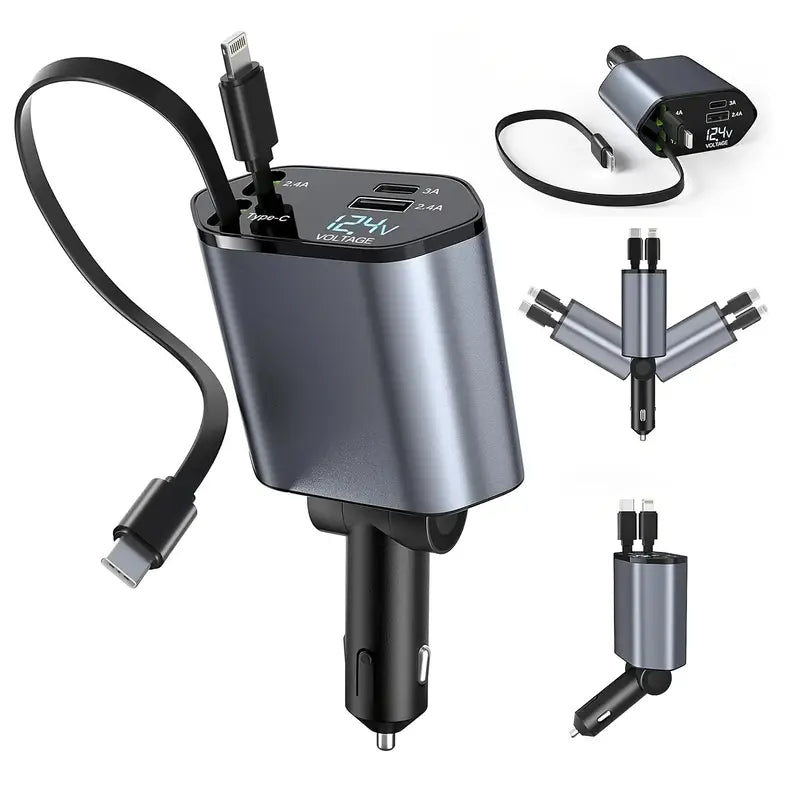 Smart Retractable Car Charger – Dual Cables & Voltage Display 180° Rotating Base