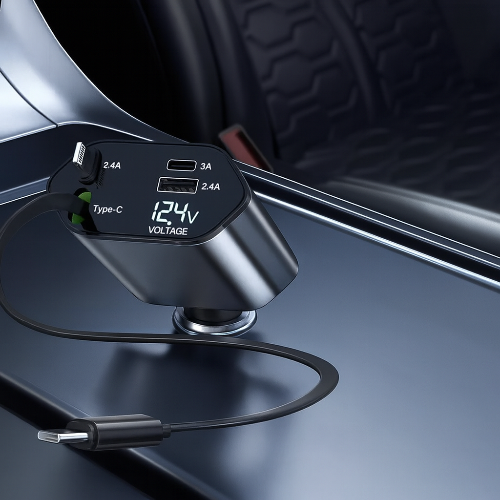 Smart Retractable Car Charger – Dual Cables & Voltage Display 180° Rotating Base