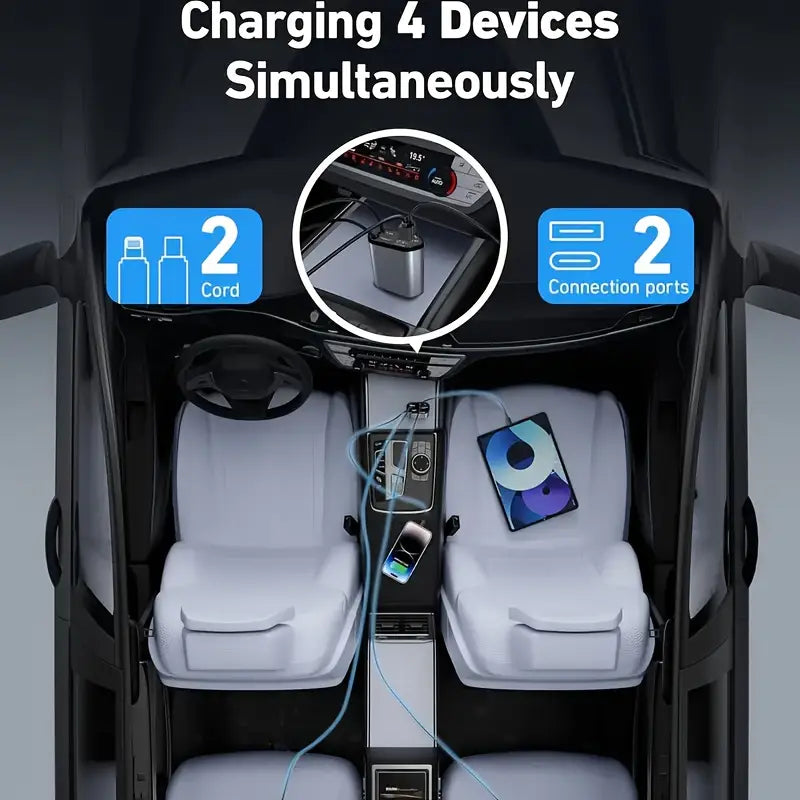 Smart Retractable Car Charger – Dual Cables & Voltage Display 180° Rotating Base