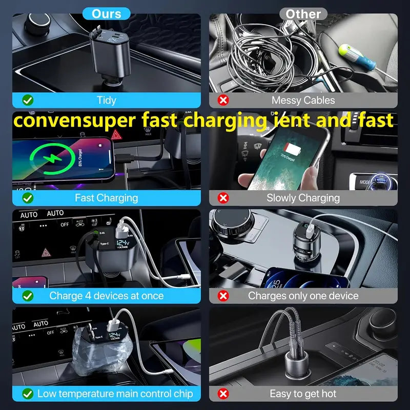 Smart Retractable Car Charger – Dual Cables & Voltage Display 180° Rotating Base