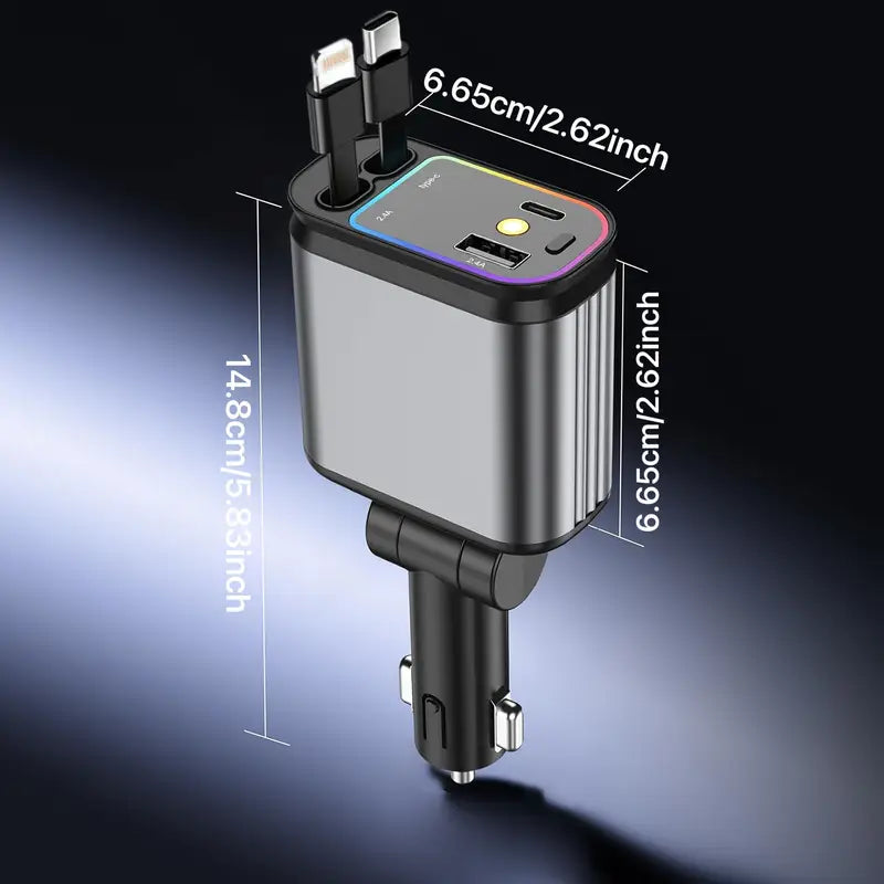 Smart Retractable Car Charger – Dual Cables & Voltage Display 180° Rotating Base