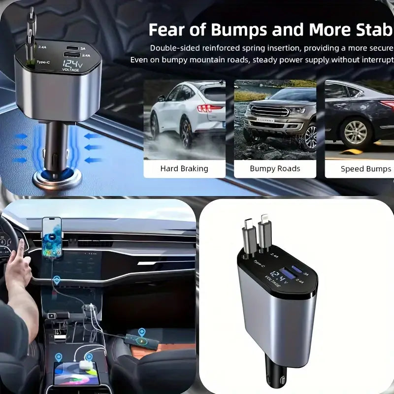 Smart Retractable Car Charger – Dual Cables & Voltage Display 180° Rotating Base