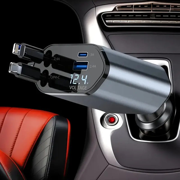 Smart Retractable Car Charger – Dual Cables & Voltage Display 180° Rotating Base