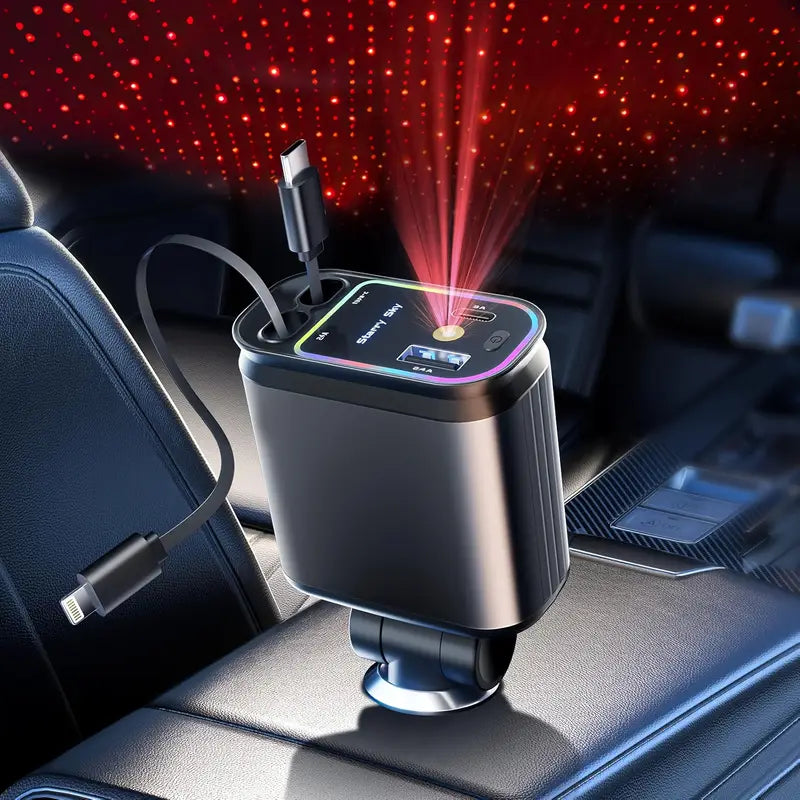 Smart Retractable Car Charger – Dual Cables & Voltage Display 180° Rotating Base