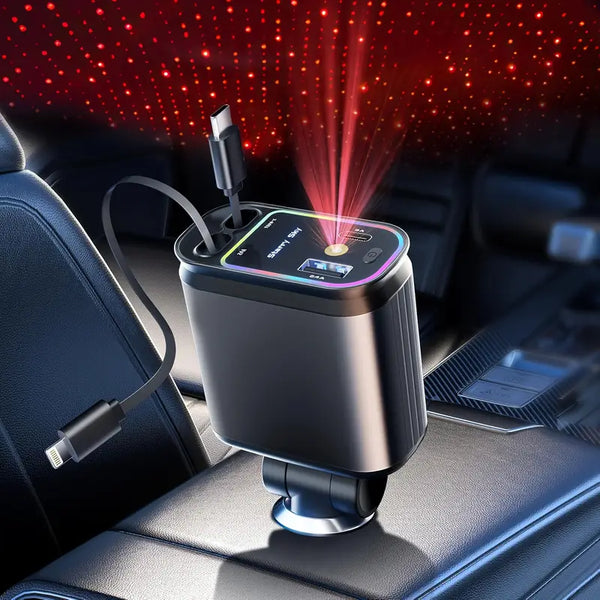 Smart Retractable Car Charger – Dual Cables & Voltage Display 180° Rotating Base