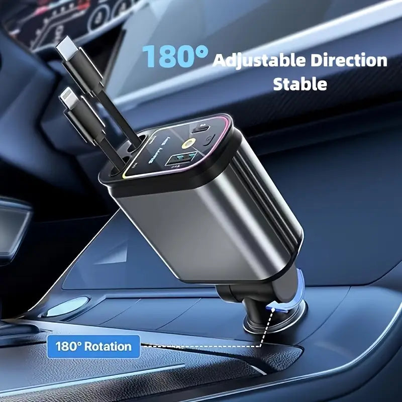 Smart Retractable Car Charger – Dual Cables & Voltage Display 180° Rotating Base