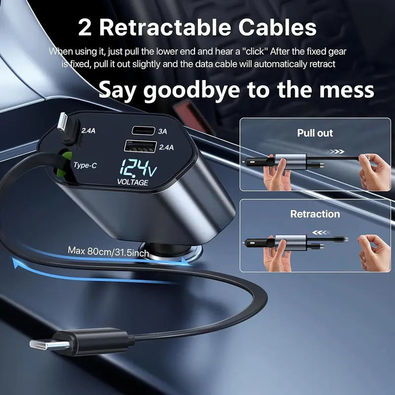 Smart Retractable Car Charger – Dual Cables & Voltage Display 180° Rotating Base